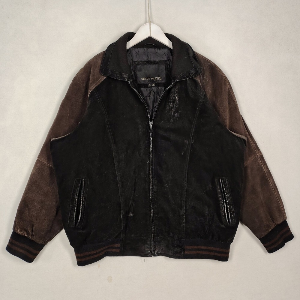 Serge Platini Milan Italy Mens XL Leather Bomber Jacket Suede Two Tone Black